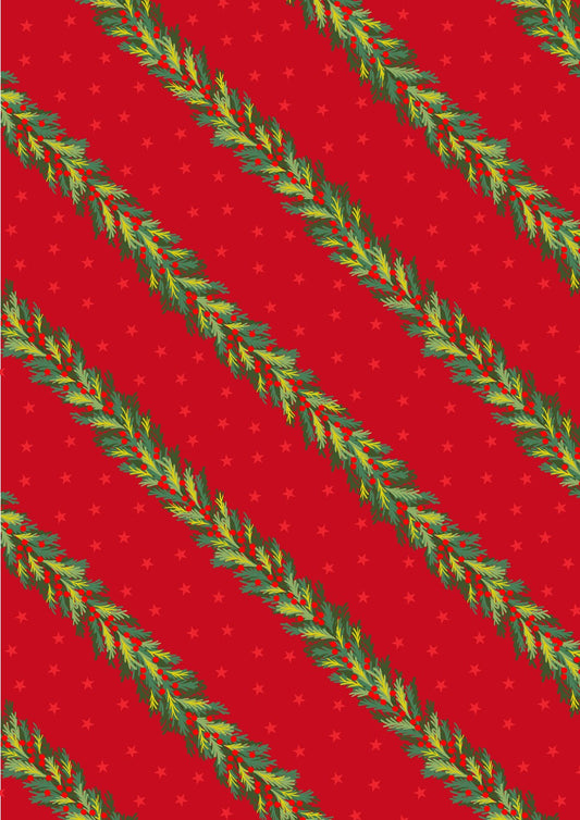 Lewis & Irene Christmas in Bluebell Wood spruce garland on red, C144B cotton