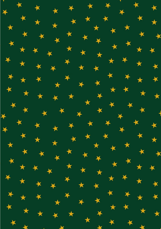 Lewis and Irene Christmas in Bluebell Wood gold stars Christmas green metallic C143C cotton