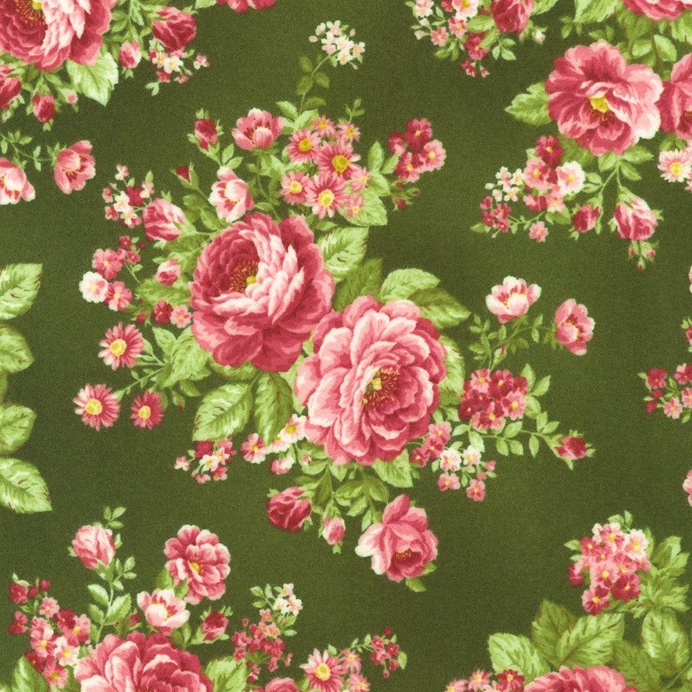 Robert Kaufman Bouquet of Roses Flannel Forest green floral flannel