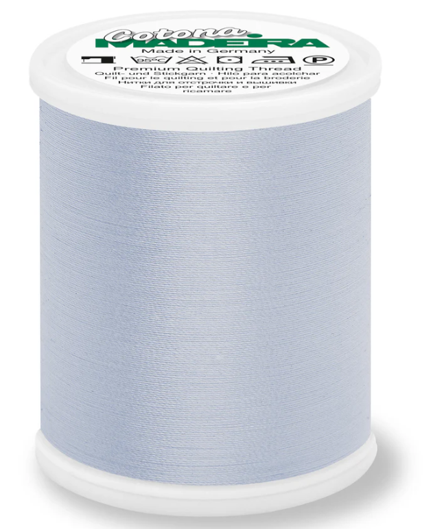 Spool of Madeira Cotona 50wt 100% cotton thread in Sky Blue, color 746