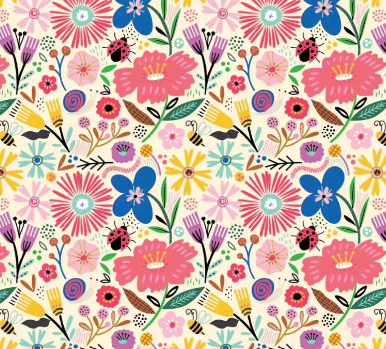 Poppie Cotton Hey Love Bug Blooming Natural quilting cotton floral fabric