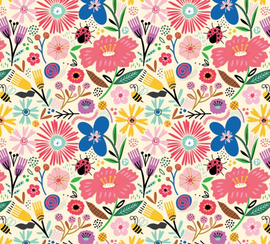 Poppie Cotton Hey Love Bug Blooming Natural quilting cotton floral fabric