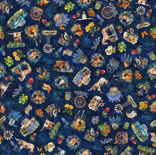 All Texas Shop Hop 2026 Texas Vignette Toss Navy 31792 N quilting cotton