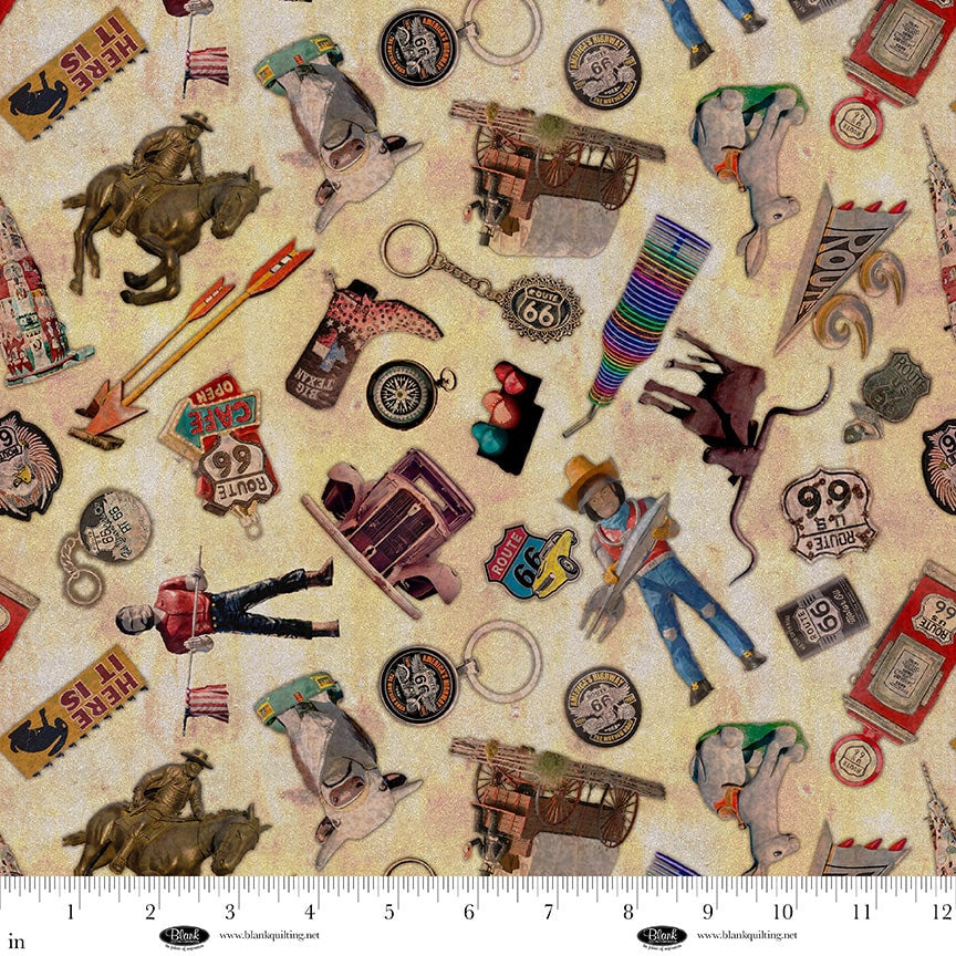 Blank Historic Highway Icons from Route 66 4482-41 tan novelty fabric