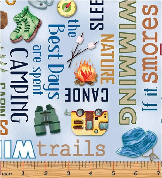 Blue Camping Words novelty camping print quilting fabric