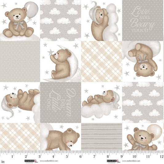 Sleepy Teddy Gray Multi novelty cotton quilting fabric
