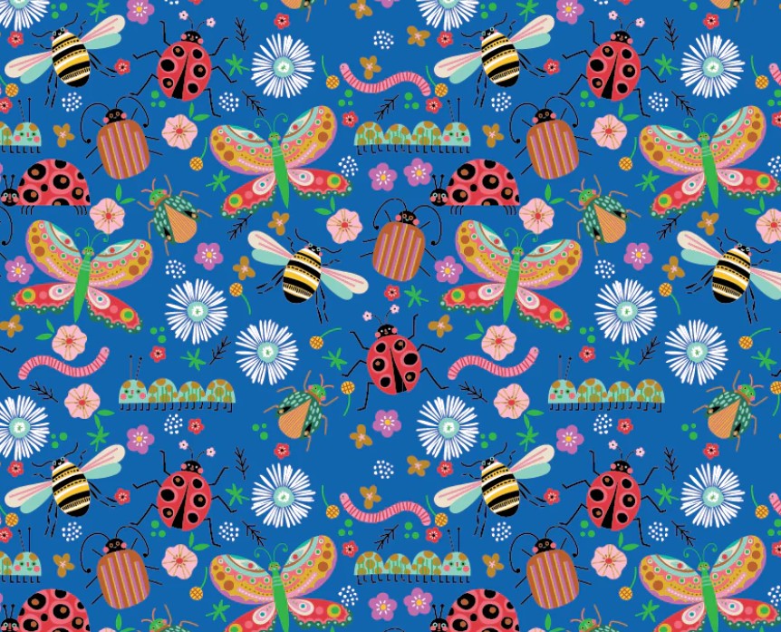 Poppie Cotton Hey Love Bug Bugs Blue quilting cotton novelty fabric