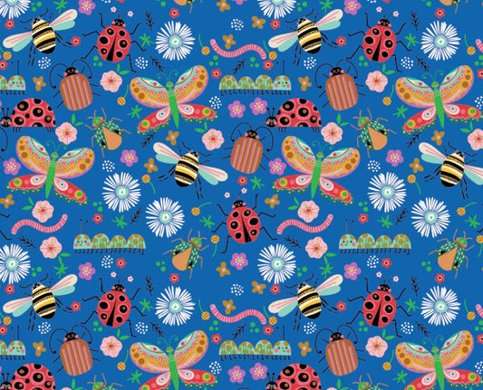 Poppie Cotton Hey Love Bug Bugs Blue quilting cotton novelty fabric