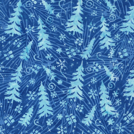 Island Batik Frosted Wishes Trees and Presents Blue Bluebird cotton batik quilting fabric