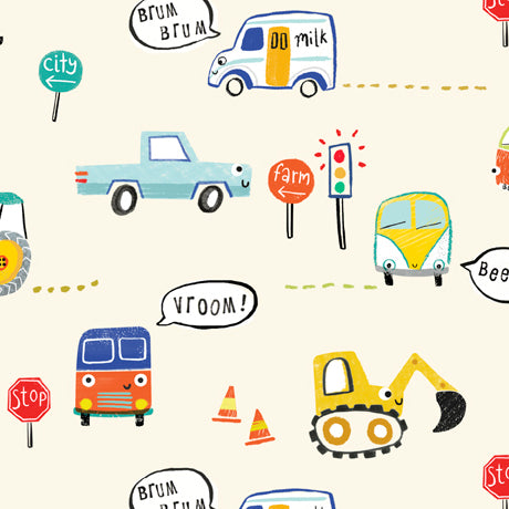 Trucks and Stuff Cream novelty children's quilting fabric