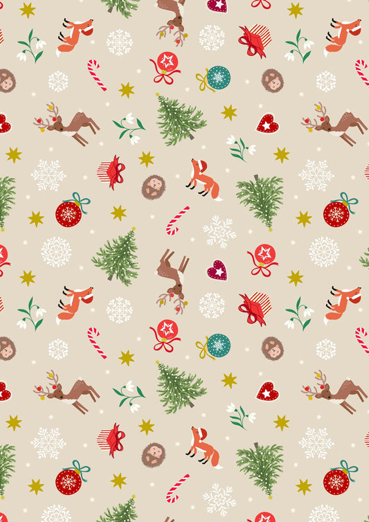 Lewis & Irene Christmas in Bluebell Wood scattered festive on cream with metallic, C141A