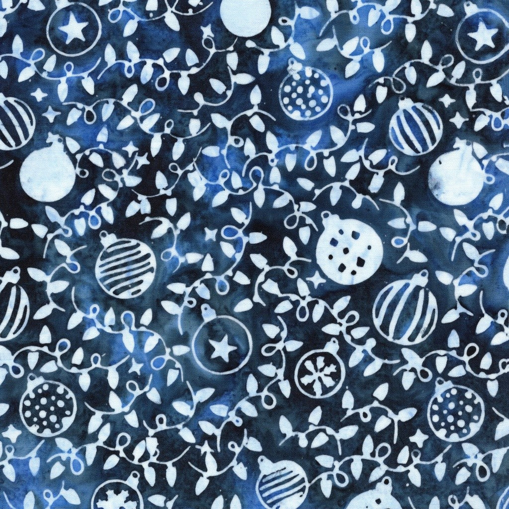Island Batik Frosted Wishes Ornaments and Vines Blue Cornflower cotton batik quilting fabric