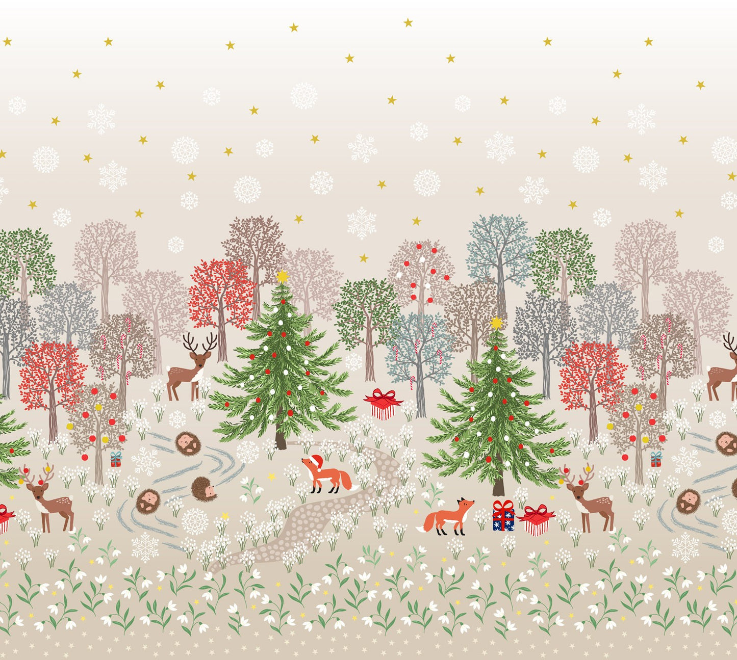 Lewis and Irene - Christmas in Bluebell Wood - Double Edge Border Panel (with gold metallic) - C146
