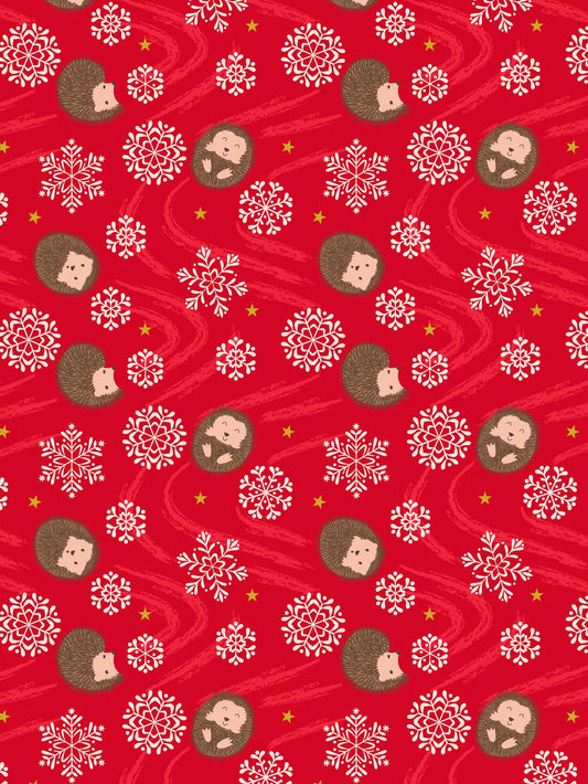 Lewis & Irene Christmas in Bluebell Wood snowflake hedgehog on red, C142B cotton