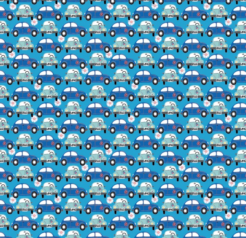 Poppie Cotton Hey Love Bug Beep Beep Blue quilting cotton novelty fabric