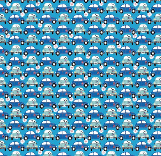 Poppie Cotton Hey Love Bug Beep Beep Blue quilting cotton novelty fabric