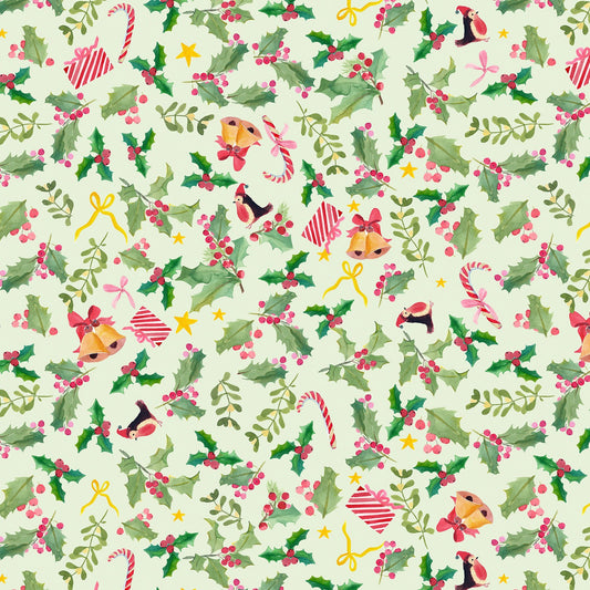 Lewis & Irene Merry Happy Christmas Holly Jolly print in pistachio, BG103 cotton