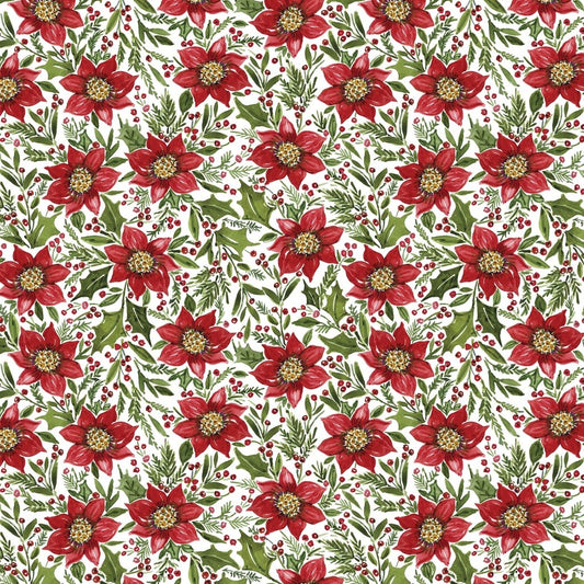 Snowy Greetings Poinsettia and Holly White Christmas quilting cotton by Susan Winget for White Owl Textiles