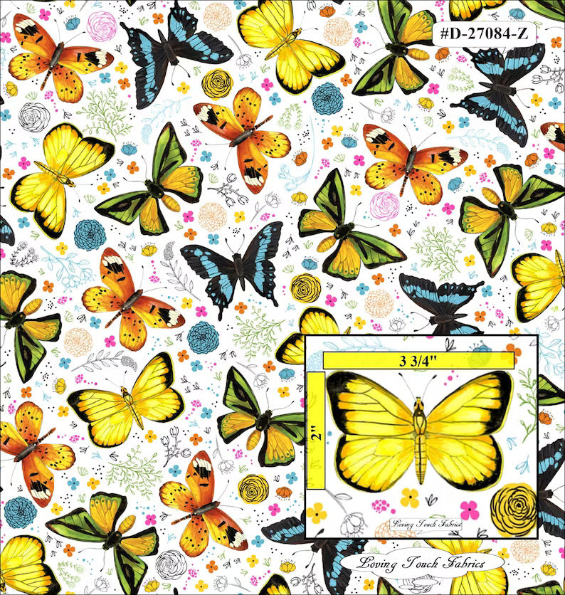 QT Fly Free Floral Butterfly White quilting cotton