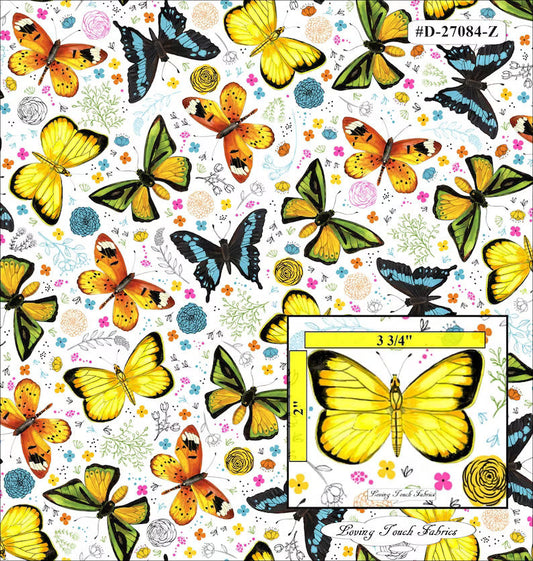 QT Fly Free Floral Butterfly White quilting cotton