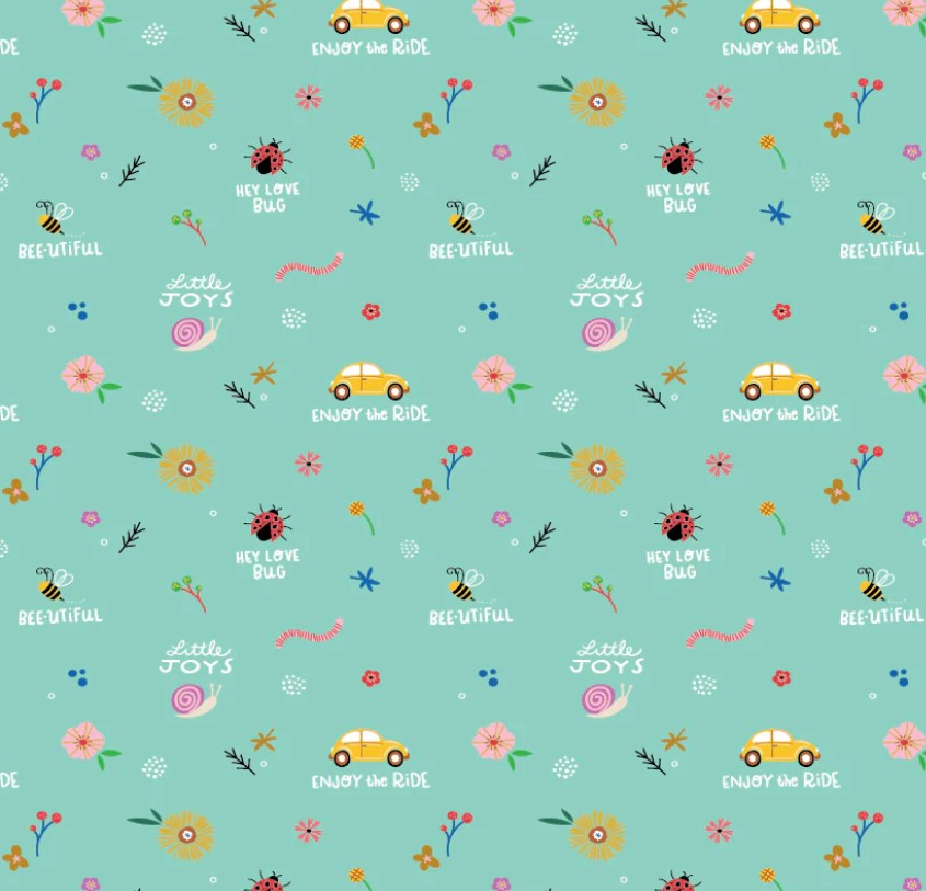 Poppie Cotton Hey Love Bug Little Joys Teal quilting cotton fabric