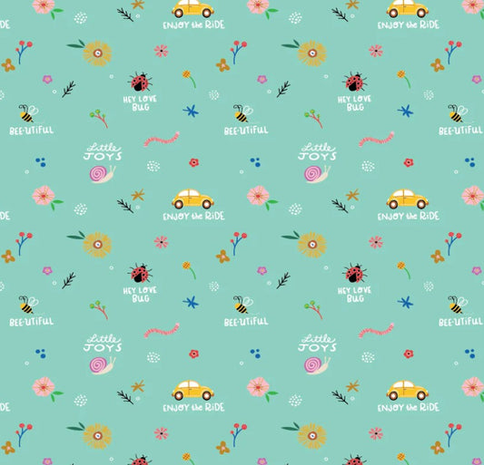 Poppie Cotton Hey Love Bug Little Joys Teal quilting cotton fabric