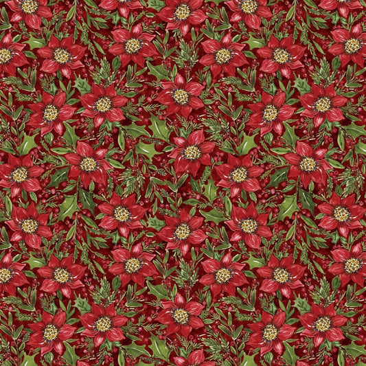 Snowy Greetings Poinsettia and Holly Red Christmas quilting cotton by Susan Winget for White Owl Textiles