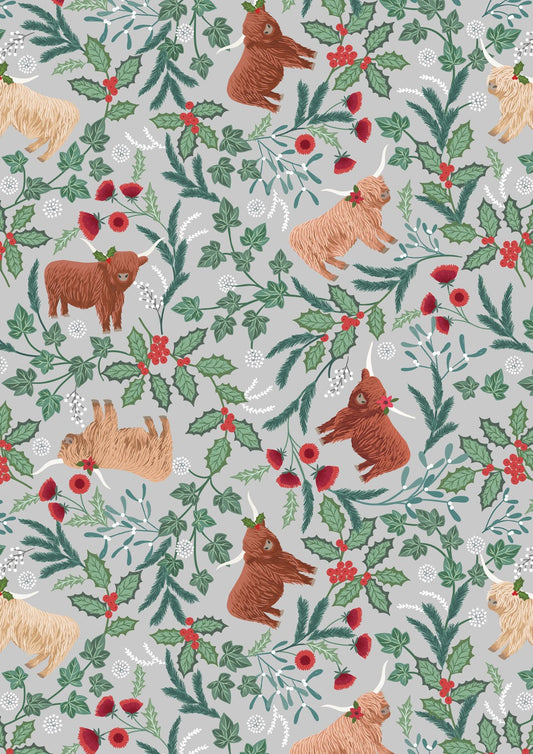 Lewis & Irene Celtic Christmas Highlands print on misty silver, C130A cotton fabric