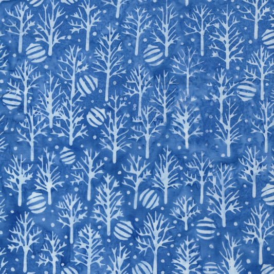 Island Batik Frosted Wishes Trees and Ornaments Blue Azure cotton batik quilting fabric