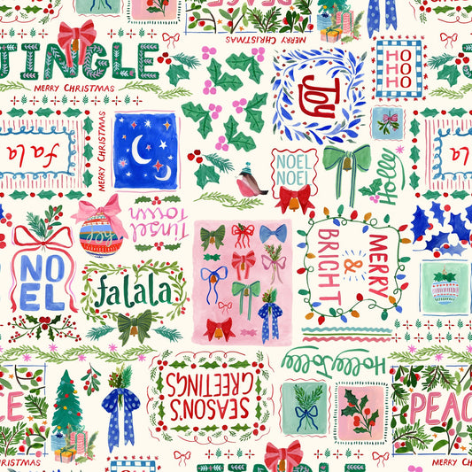 Lewis & Irene Merry Happy Christmas signature print on winter white, BG091 cotton