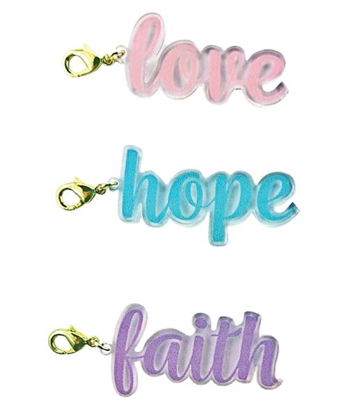 Pouch Club acrylic zipper pull words for bags and pouches