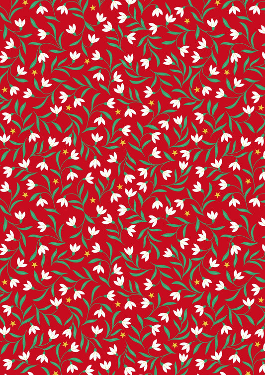 Lewis & Irene Christmas in Bluebell Wood snowdrops on red with metallic, C140B