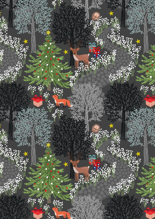 Lewis and Irene Christmas in Bluebell Wood night time gold metallic C139C cotton fabric