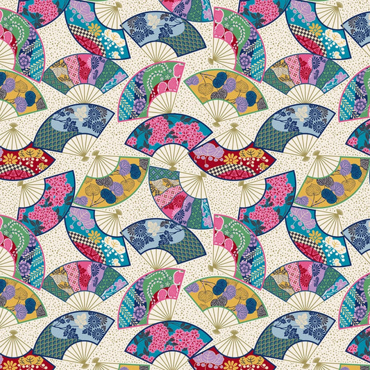 Michael Miller Kamakura Sisters Cream Whispering Fans metallic fabric