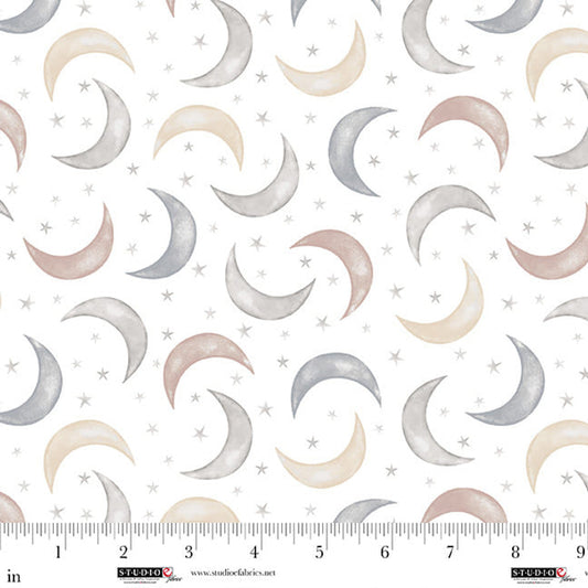 Sleepy Teddy Moons White Multi Studio E quilting cotton moon and teddy print