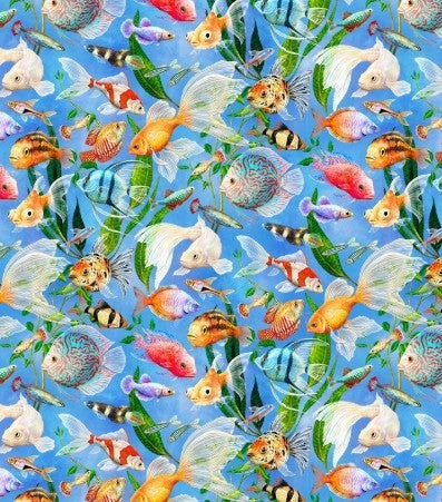 Timeless Treasures Feline Fanatic Aquarium Fish blue CD4151 quilting cotton