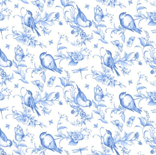 Lumin Amalfi Coast white blue birds bees W105-004-055 quilting cotton