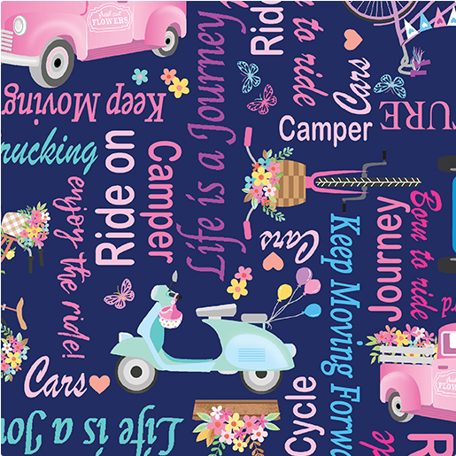 Benartex Ride on Words Navy bicycle text quilting fabric
