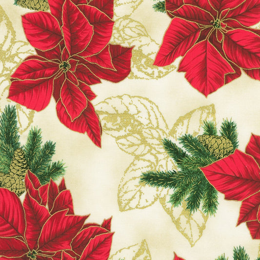 Robert Kaufman Holiday Flourish Forest Glen metallic Christmas cotton in Cream, SKU SRKM-23700-84