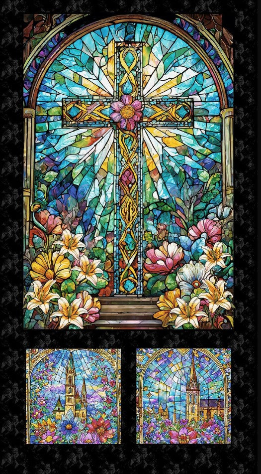 Henry Glass - 2186P-79* Turquoise/Black || Faith in Full Color City - Window Panel 24"