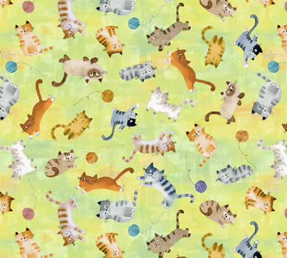 Windham Cats Around Town Playful Companions 55001-5 green fabric