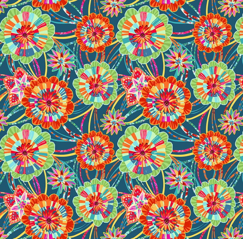 Free Spirit Festival Rosettes Blue quilting cotton fabric