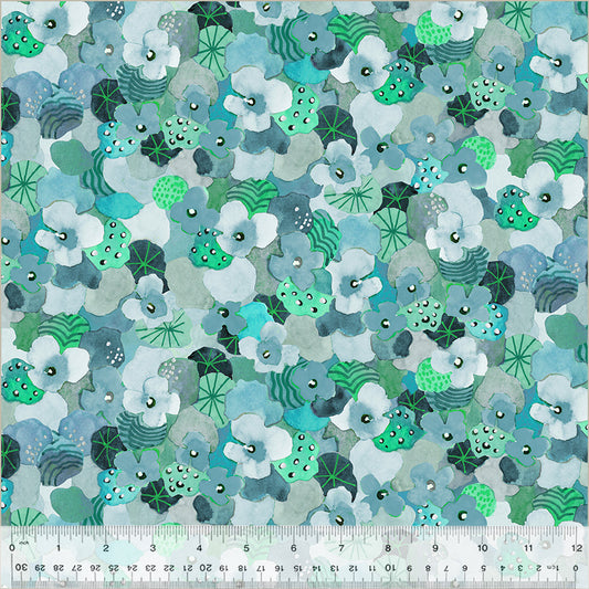 Wild Meadow. Flowering Hedge, Teal, Cotton