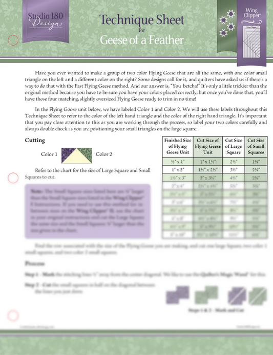 Studio 180 Design Geese of a Feather technique sheet quilting pattern