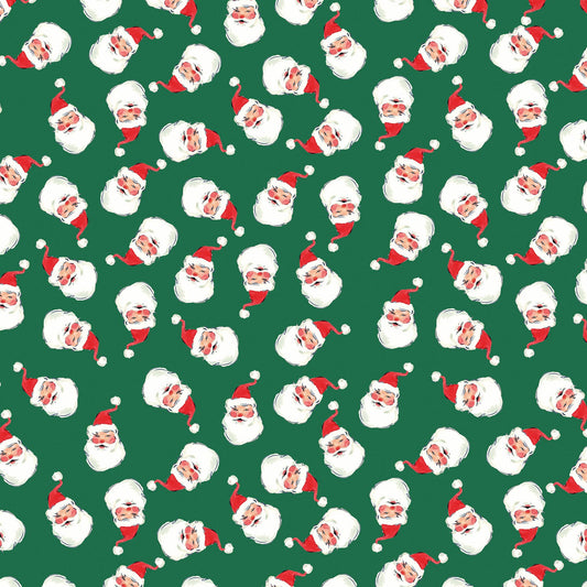 Lewis & Irene Merry Happy Christmas Jolly Santa on festive green, BG105 cotton