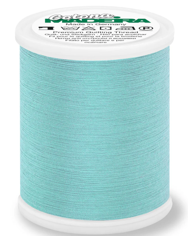 Spool of Madeira Cotona 50wt 100% cotton thread in Turquoise, color 633