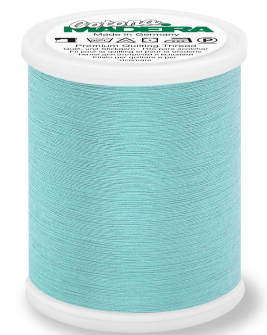 Spool of Madeira Cotona 50wt 100% cotton thread in Turquoise, color 633