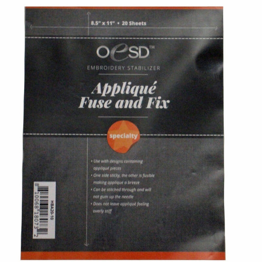 OESD Embroidery Stabilizer Applique Fuse and Fix 8.5" x 11" 20 Sheets