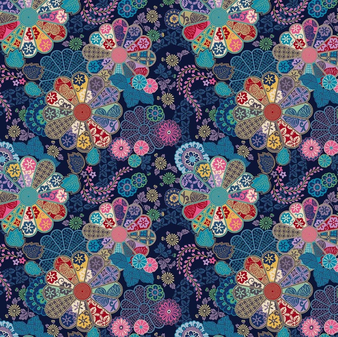 Michael Miller Kamakura Sisters Navy Garden Grace metallic Japanese fabric