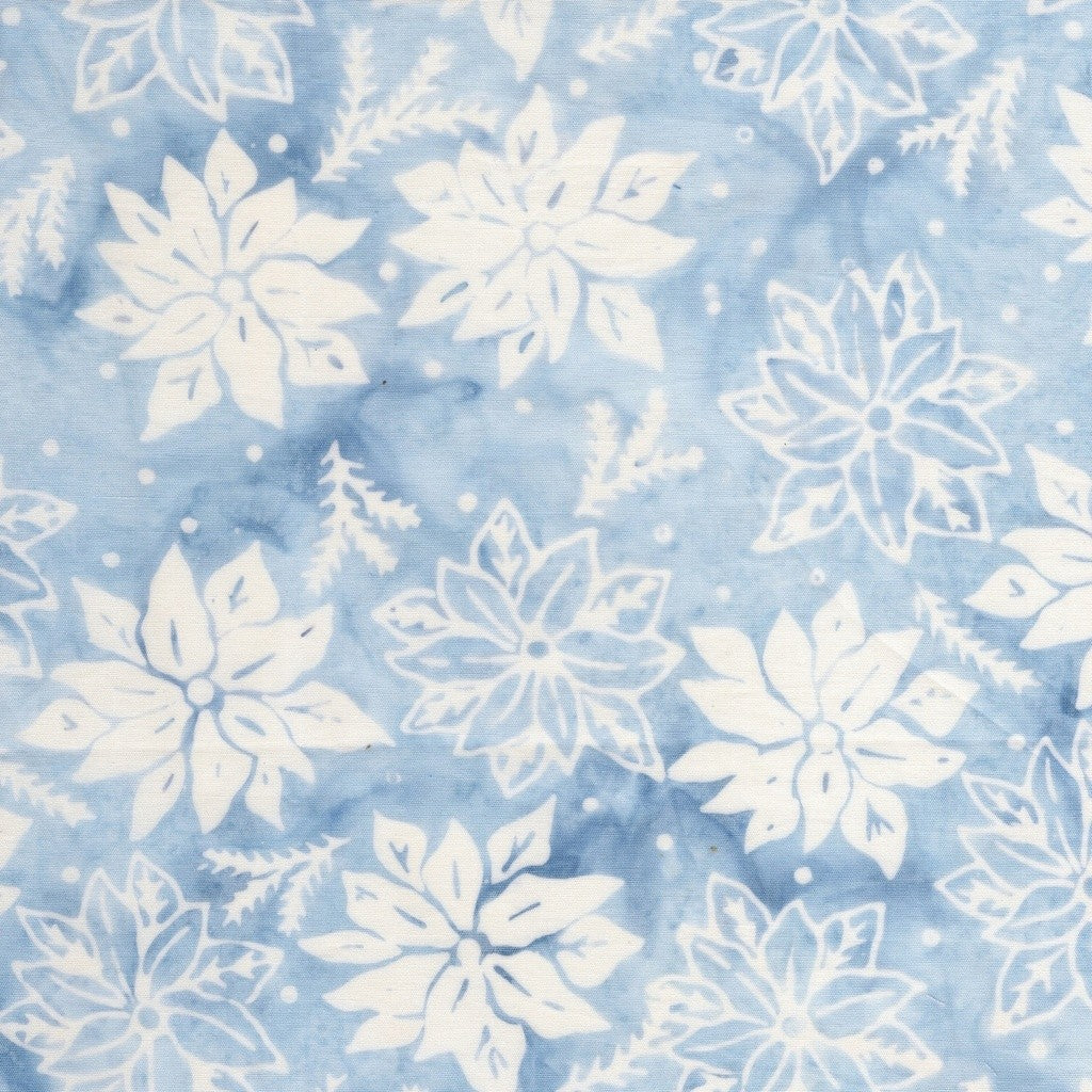 Island Batik Frosted Wishes Poinsettias and Springs Blue Bluebelle cotton batik quilting fabric